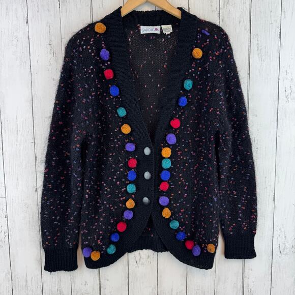 VTG Caroll Black Multi Polka Dot Pom-Poms Mohair-Acrylic Cardigan Size Large - Picture 1 of 11